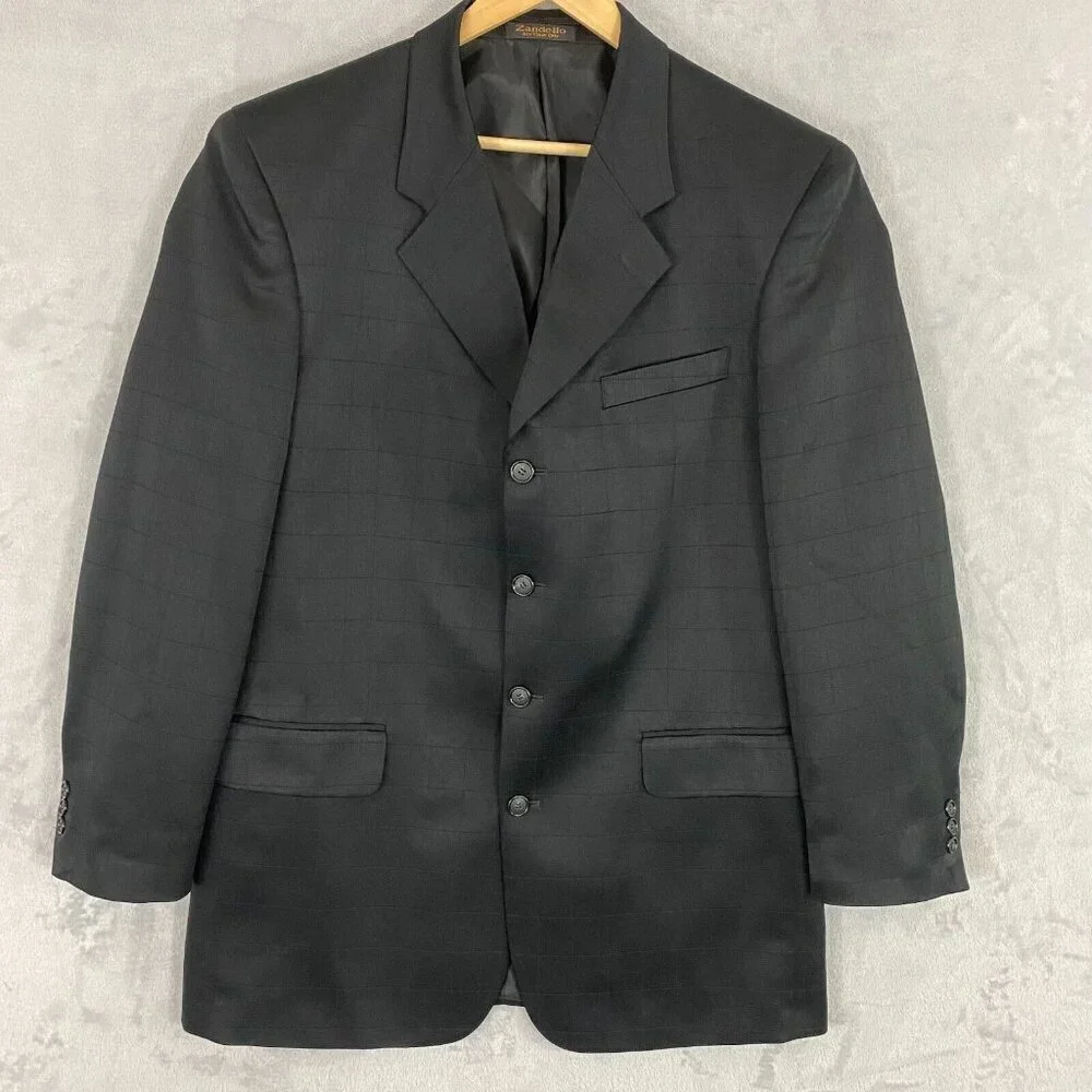 Zandello Blazer Men's Size 42L Black Plaid Suit Jacket Sport Coat Ventless